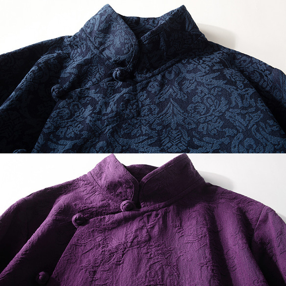 綿麻ジャガード織長袖ワンピース　チャイナドレス風ワンピース　ネイビー　2サイズ4色　L323 13枚目の画像