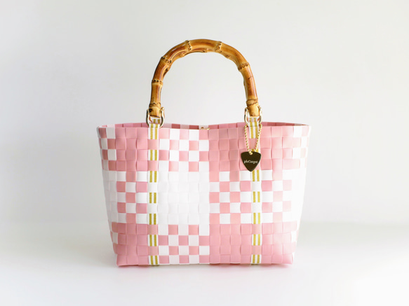 桜ピンクのチェック×バンブーハンドル M 2WAYプラカゴバッグ かご 