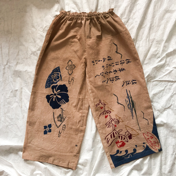 柿渋染め 手ぬぐいリメイク ワイドパンツ ゆったりズボン 佐渡