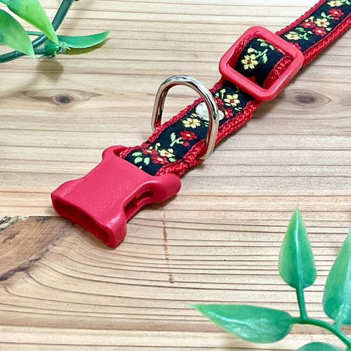 牛革 ブラック 首輪 チロリアン柄 ピンク 花