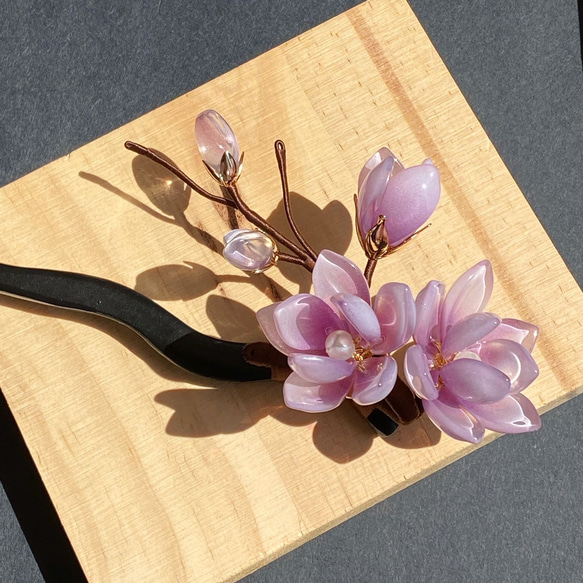 【新色】紫木蓮の木製一本かんざし　 6枚目の画像