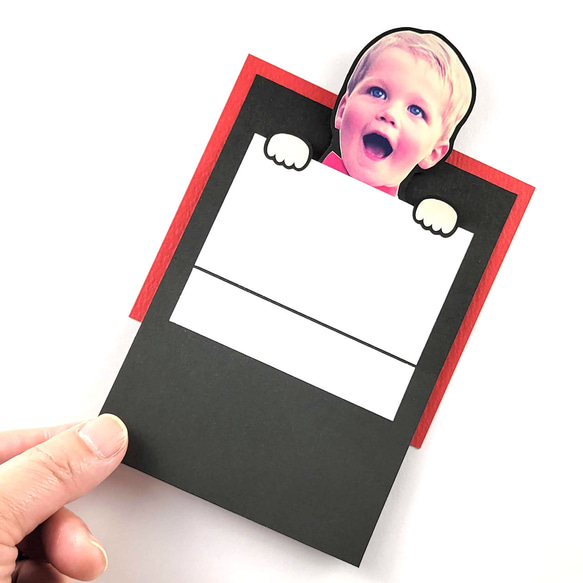 顔写真が飛び出す！「いないいないばあ」メッセージカードの手作りキット（２個セット/レッド）誕生日カード 3枚目の画像