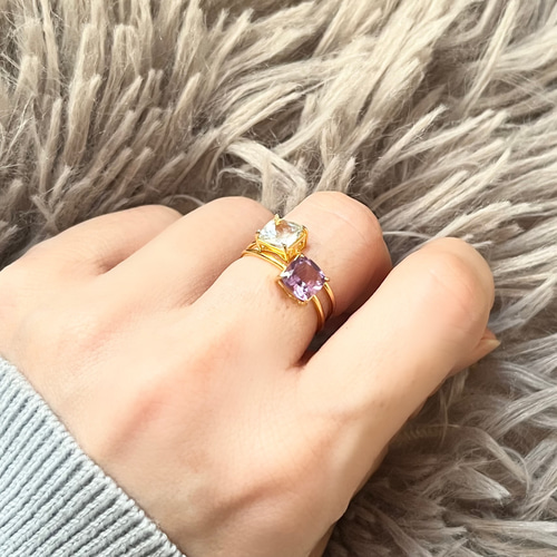 Hariqua　10K ヒマラヤ水晶スクエアカット華奢ゴールドリング Hariqua 10K ヒマラヤ水晶スクエアカット華奢ゴールドリング Hariqua