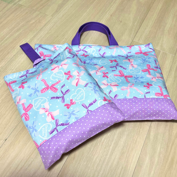 レッスンバッグ&シューズ入れセット♡30×40cm&28×22cm♡リボン柄×ドット 1枚目の画像