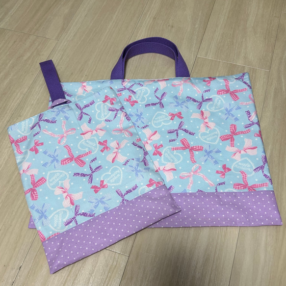 レッスンバッグ&シューズ入れセット♡30×40cm&28×22cm♡リボン柄×ドット 2枚目の画像