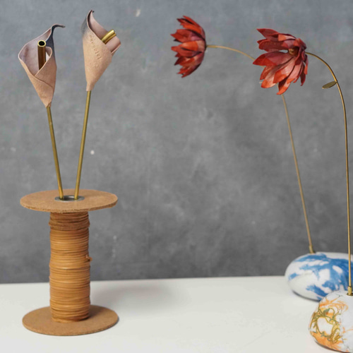 フラワースタンド 一点物 LEATHER-STONE【ZEN】革巻き石フラワースタンド&ペーパーウェイト