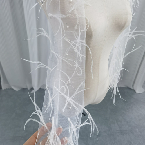 送料無料！ウェディングドレスグローブ フェザー ビーズ ロング  