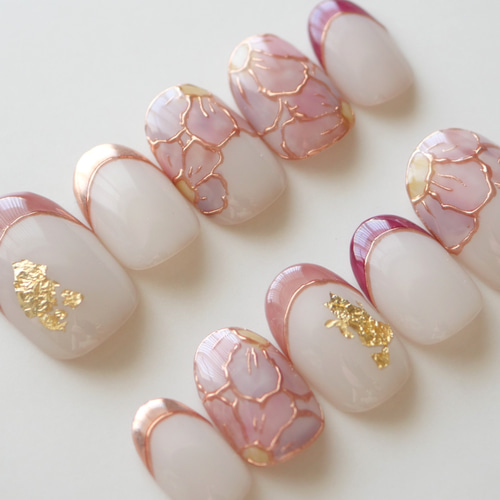 【人気商品！】 ステンドグラスフラワーネイル-pink-◇ネイルチップ【haru-No.21 ネイルチップ・付け爪