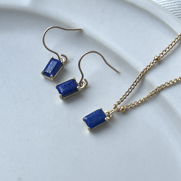 宝石質ラピスラズリのシンプルネックレス+ピアス/イヤリングのセット 