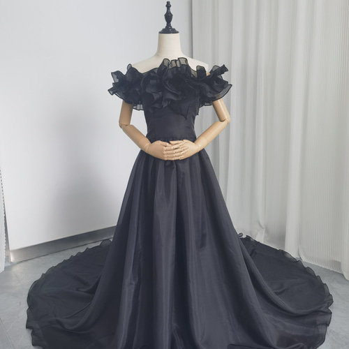 送料無料！ パーティードレス オフショルダー シワ ブラック 編み上げ