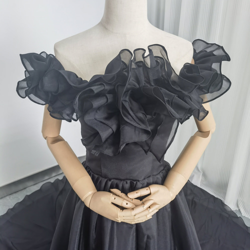 送料無料！ パーティードレス オフショルダー シワ ブラック 編み上げ  