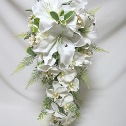 カサブランカと胡蝶蘭のキャスケードブーケ♪ブートニア付き♪生花みたいに綺麗な造花です♪高品質なのに安い0679 10枚目の画像