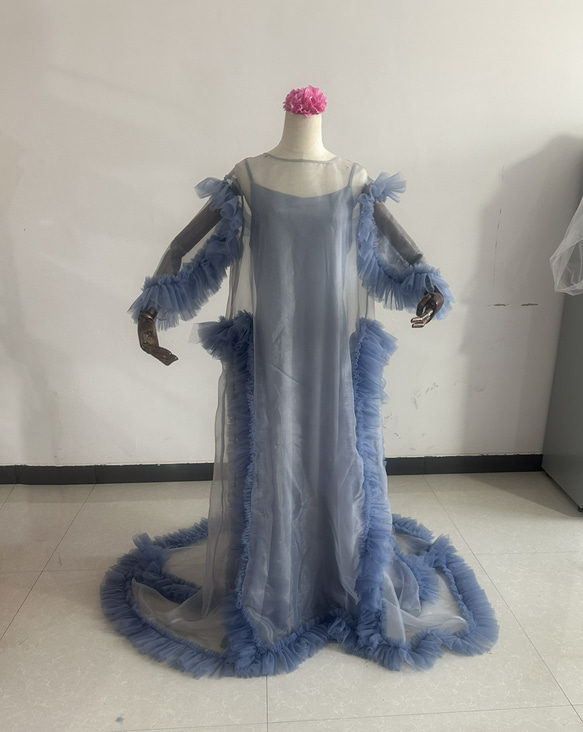 高品質！ブルー キャミソール+ ケープ風ドレス 抜群のおしゃれ見え  