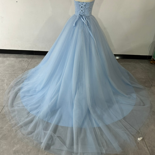爽やかで優しいブルー カラードレス オフショルダー キラキラチュール