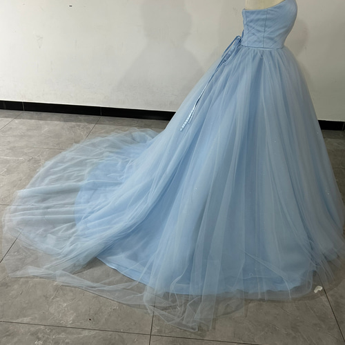 爽やかで優しいブルー カラードレス オフショルダー キラキラチュール  