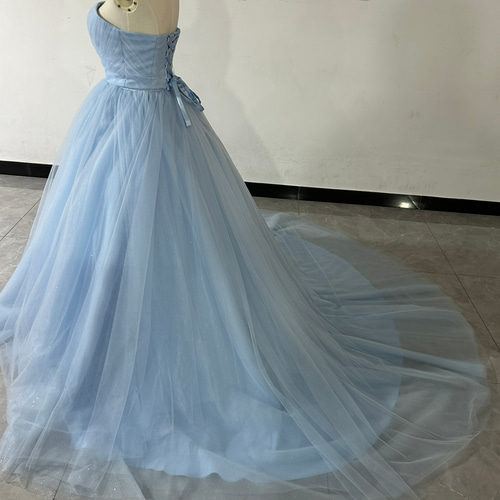 爽やかで優しいブルー カラードレス オフショルダー キラキラチュール