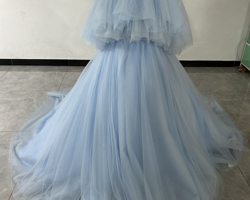 爽やかで優しいブルー カラードレス オフショルダー キラキラチュール