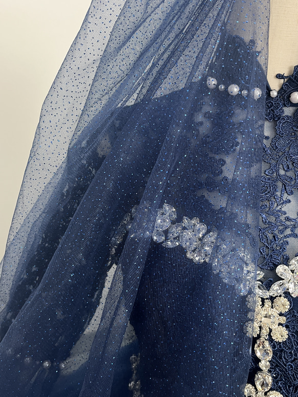 送料無料！ カラードレス ネイビー  ロングベール ビジュードレス  デザイン感  美しい花レース ウェディングド 8枚目の画像