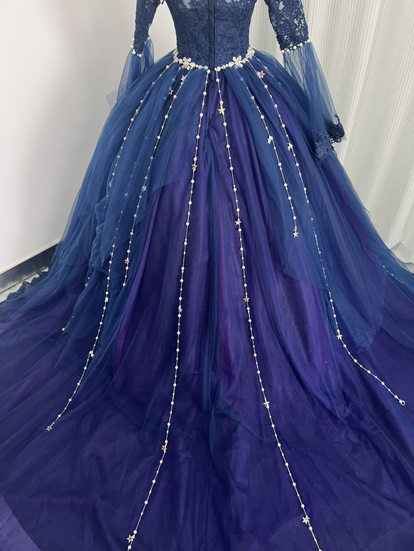 送料無料！ カラードレス ネイビー  ロングベール ビジュードレス  デザイン感  美しい花レース ウェディングド 12枚目の画像