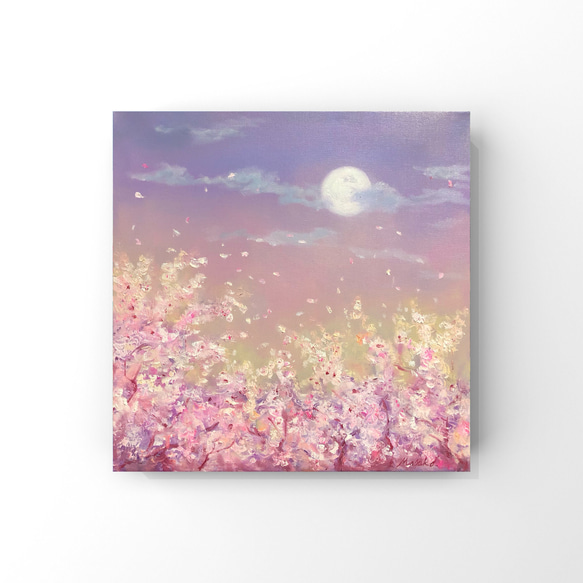 油絵　原画　オリジナル　「桜と月」送料無料 1枚目の画像