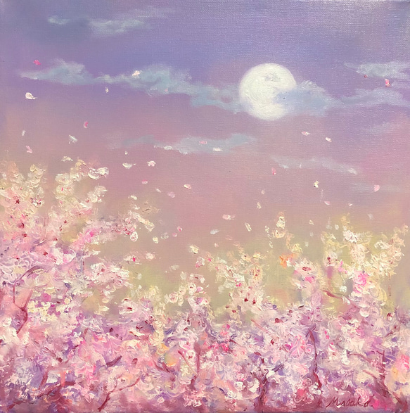 油絵　原画　オリジナル　「桜と月」送料無料 3枚目の画像
