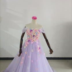 送料無料 ！上品！ 豪華！ 紫 ベアトップ カラードレス 花モチーフ
