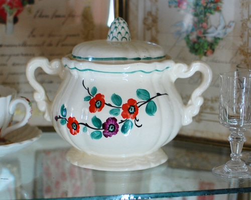 サルグミンヌ　小花柄　シュガーポット サルグミンヌ Sarreguemines シュガーポット 花リム 小花柄 〜1940年