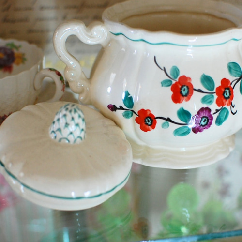 サルグミンヌ Sarreguemines シュガーポット 花リム 小花柄 〜1940年