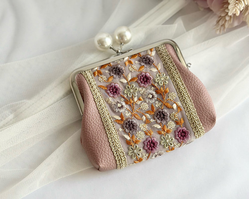 親子がま口財布 インド刺繍リボン 小銭入れ カードポケット付き ダーク