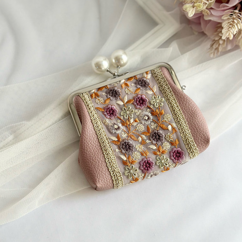 親子がま口財布 インド刺繍リボン 小銭入れ カードポケット付き ダーク