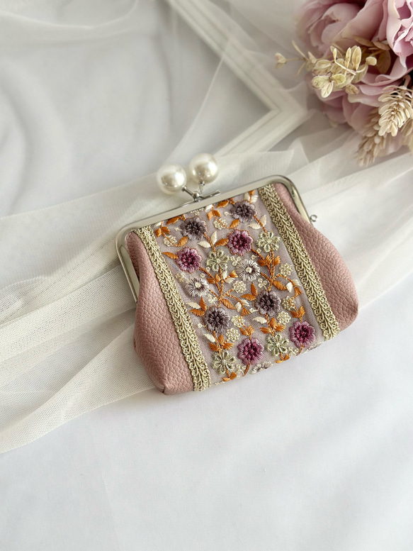 親子がま口財布 インド刺繍リボン 小銭入れ カードポケット付き ダーク