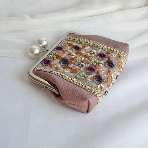 親子がま口財布 インド刺繍リボン 小銭入れ カードポケット付き ダーク