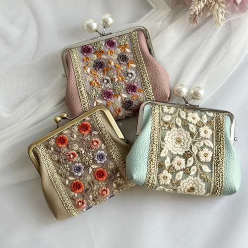 親子がま口財布 インド刺繍リボン 小銭入れ カードポケット付き ダーク