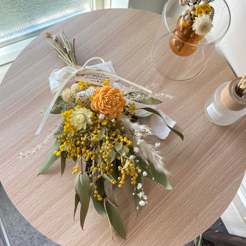 NEWミモザ♡オレンジソーラーフラワー ドライフラワースワッグ ブーケ  