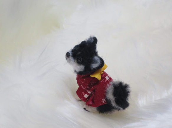 羊毛フェルト 犬 柴犬 豆柴 黒柴 絣柄の着物を着た柴犬ちゃん ミニチュアドールハウス 置物　 5枚目の画像