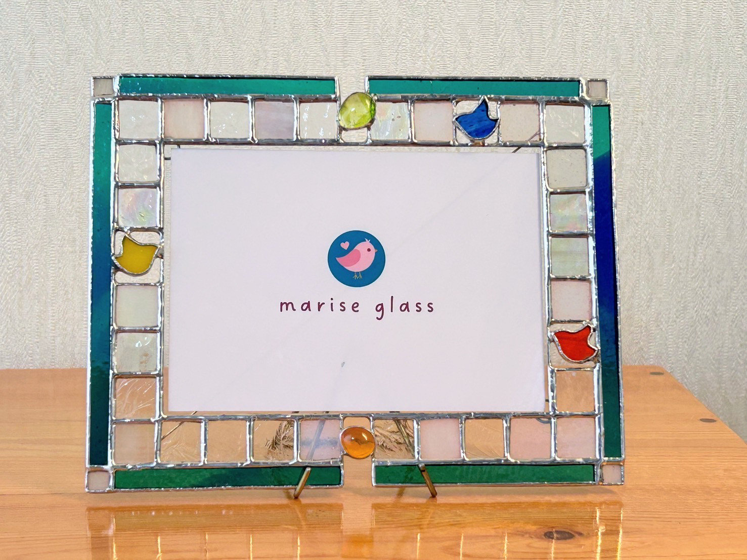 小鳥のかくれんぼ（ステンドグラスの写真たて）ブルーグリーン