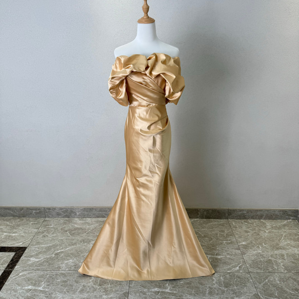 王道派❢お買い得　チューブトップ　Ｖネック　マーメイドドレス　ゴールド　エレガントなドレスン　サイズオーダー　トレーン 2枚目の画像