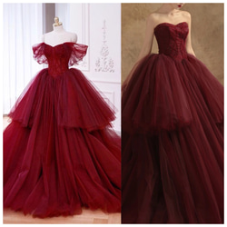 ウェディングドレス　チューブトップ　赤ドレス　チュール　ボリューム袖　二次会　色直し（WD242134） 1枚目の画像