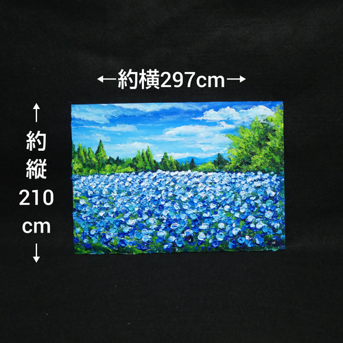 風景画/花の風景「ネモフィラ畑」油絵F3 木製フレーム付き 油絵 油彩 油彩画 絵 絵画 【くじゅう花公園のネモフィラ畑