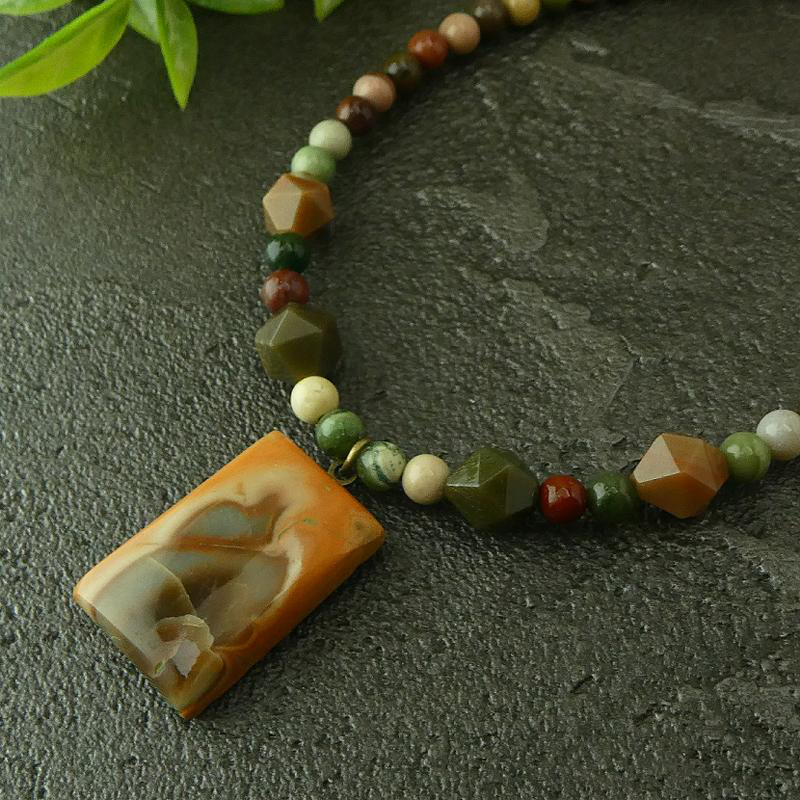 天然石チョーカー　「インペリアル・ジャスパー」-3. 高品質　レア石　貴重　和風カラー レクタングル　天然石チョーカー