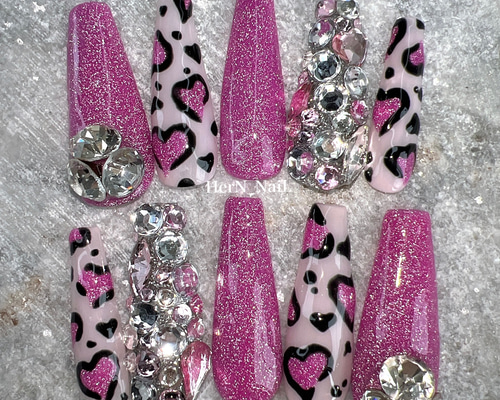 ネイルチップ 3個セット つけ爪 ショート ハート まだら レオパード 740e21abda61bc04f6d2745b4b153a