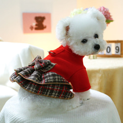 ペット服 小型犬用ドレス リードリング付き 秋冬用 暖かい かわいい 赤 格子柄 クリスマス風 cht-1092 3枚目の画像