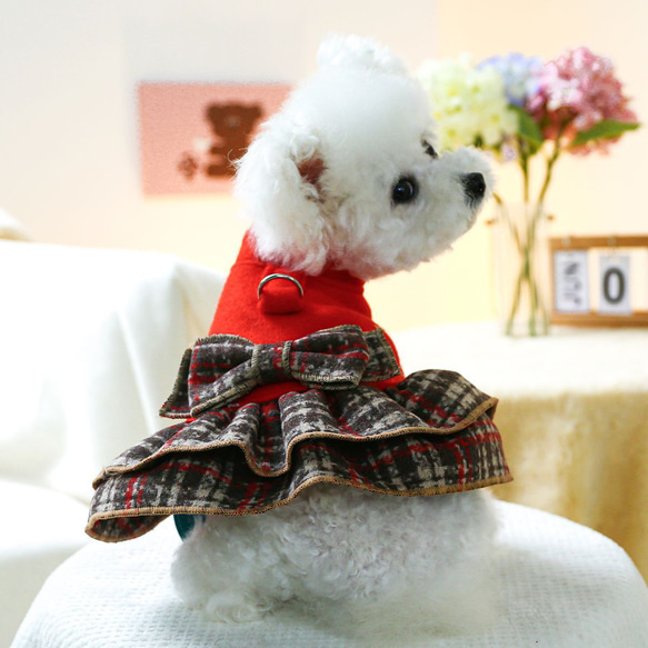 ペット服 小型犬用ドレス リードリング付き 秋冬用 暖かい かわいい 赤 格子柄 クリスマス風 cht-1092 4枚目の画像