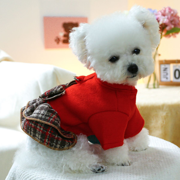 ペット服 小型犬用ドレス リードリング付き 秋冬用 暖かい かわいい 赤 格子柄 クリスマス風 cht-1092 2枚目の画像
