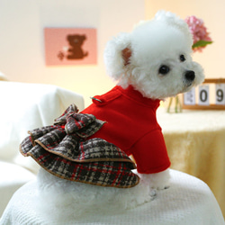 ペット服 小型犬用ドレス リードリング付き 秋冬用 暖かい かわいい 赤 格子柄 クリスマス風 cht-1092 5枚目の画像