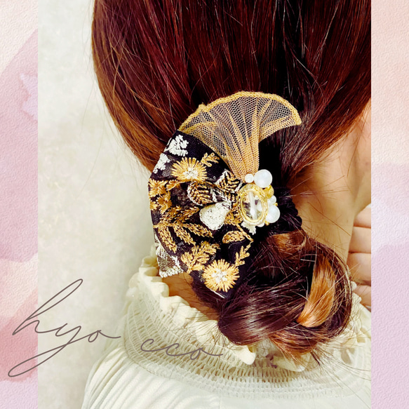 刺繍リボン×パール　ヘアゴム　大人綺麗なヘアアクセサリー 6枚目の画像