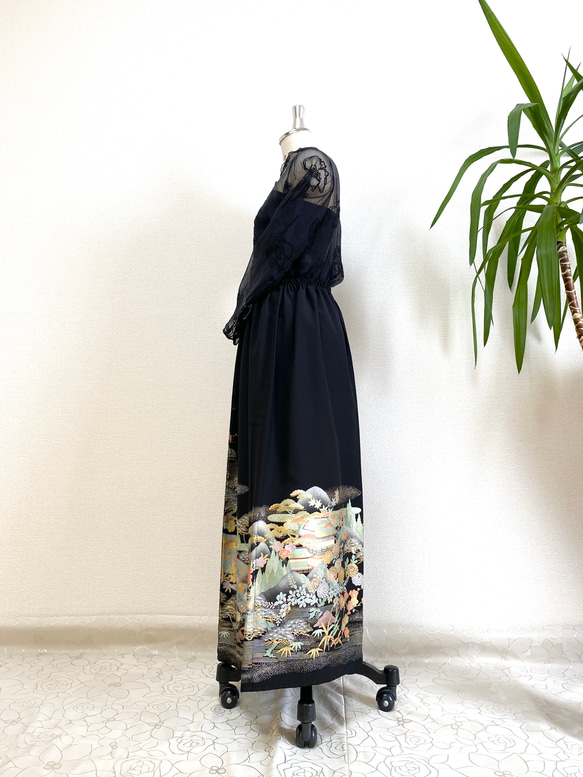 黒留袖着物リメイクウエストゴムロングスカート送料無料フリーサイズ着物リメイクロングスカートフリーサイズNO.1845 3枚目の画像