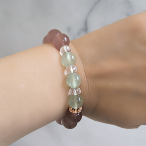 S74◇自由と幸せ◇プレナイトとストロベリークォーツのパワーストーンブレスレット ◇自由と幸せ◇プレナイトとストロベリークォーツ・水晶