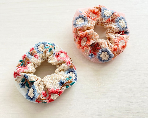 ハンドメイドシュシュM-4014♡マスタードジョーゼット♡インド刺繍リボン付♡ ハンドメイドシュシュM-4014♡マスタードジョーゼット♡インド