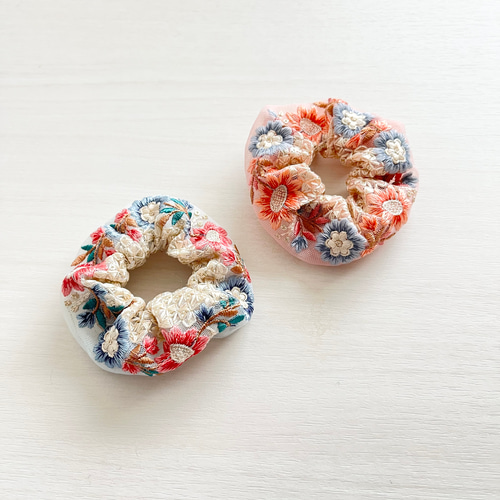 ハンドメイドシュシュM-3906♡ブラックジョーゼット♡インド刺繍リボン